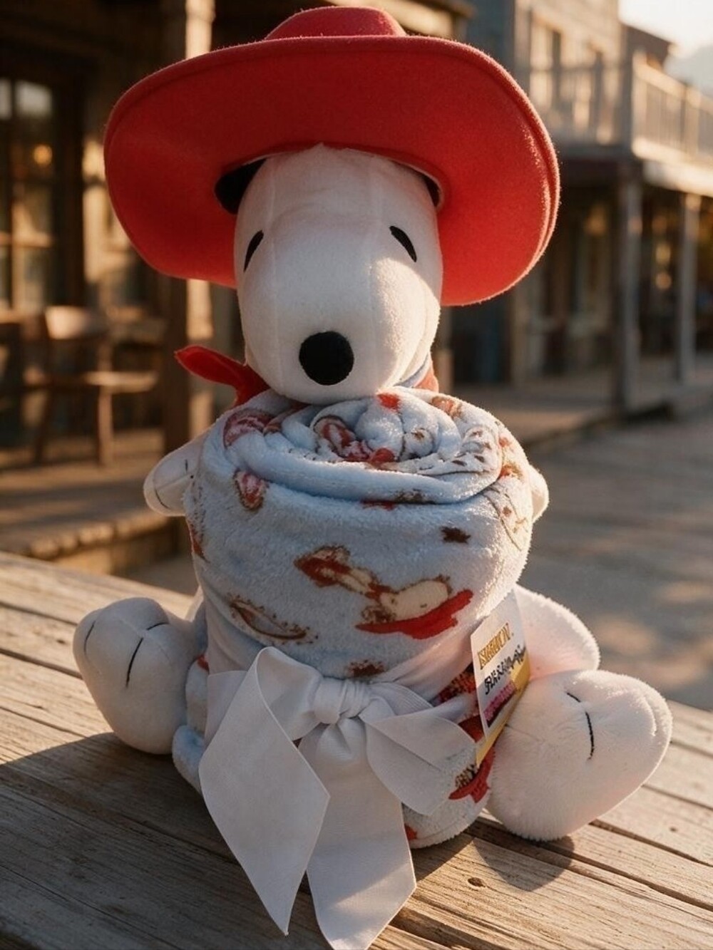 Peanuts -Plush Snoopy With Red Cowboy Hat & 50 in X 60 in Lite Blue Snoopy Throw